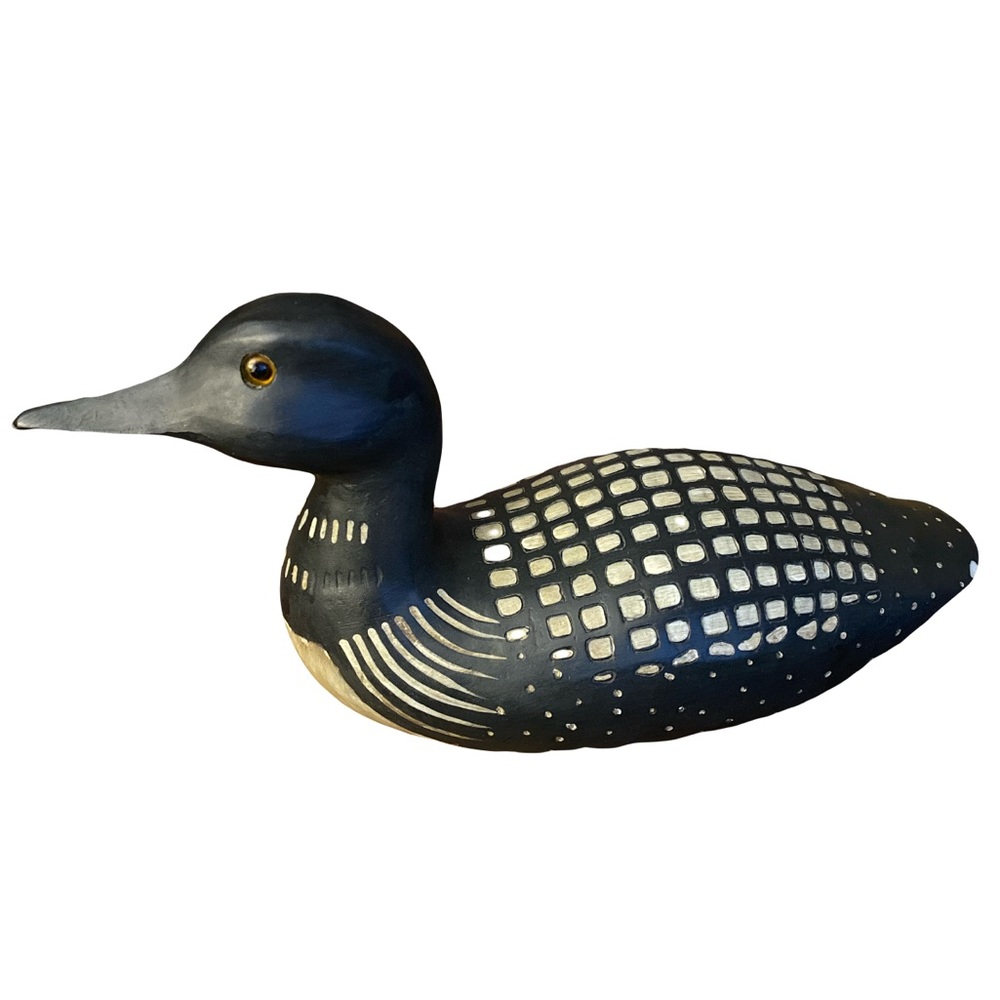 Vintage Hand Carved & Painted Wood Loon Decoy with Glass Eyes